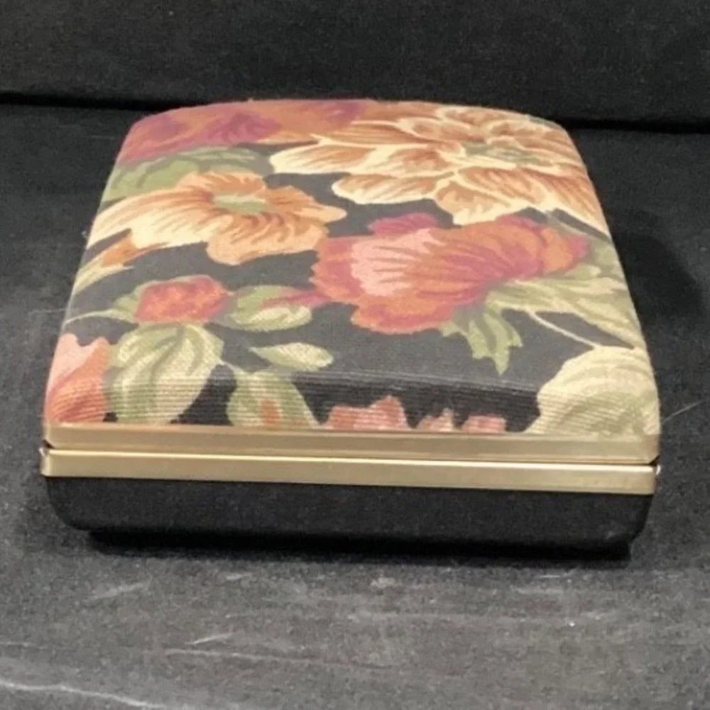 Floral Tapestry Jewelry Travel Case Mirror‎ Multi Compartment Gold Tone Vintage